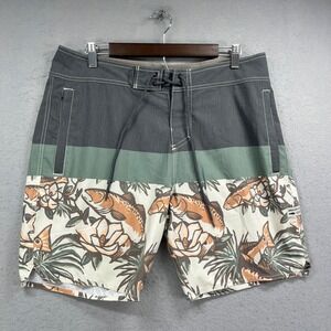 Marsh Wear Board Shorts Men 34 Gray Fish Floral Hybrid Swim Trunks Surf Gorpcore